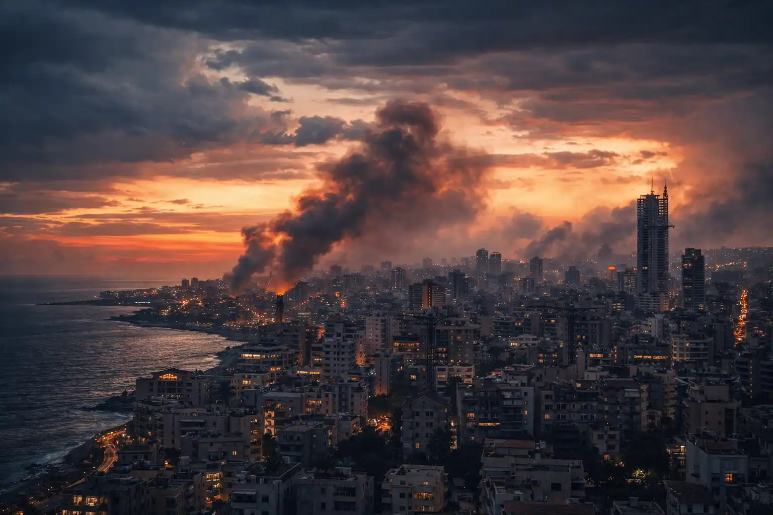 Hezbollah Israel conflict airstrikes and smoke over Beirut skyline