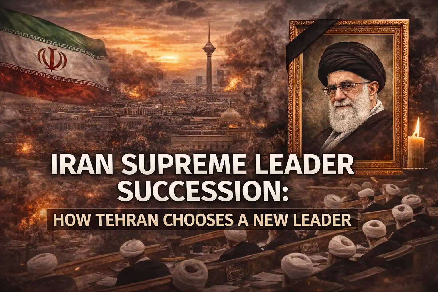 Dramatic representation of the Iran Supreme Leader succession process showing the Assembly of Experts during a national leadership crisis.