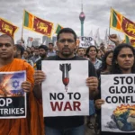 Sri Lanka protests Iran strikes in Colombo as demonstrators gather with anti-war placards to condemn US and Israel military actions.