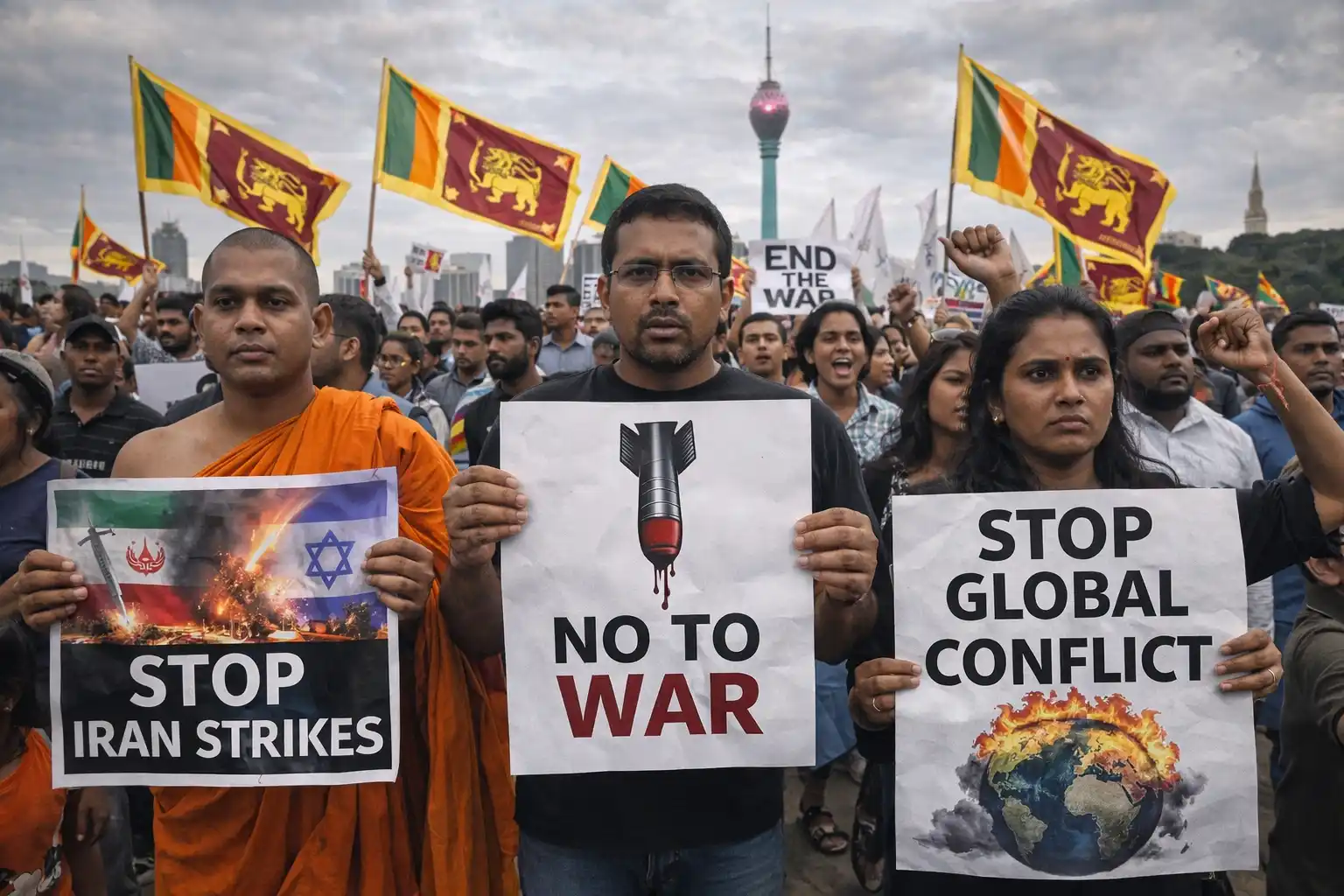Sri Lanka protests Iran strikes in Colombo as demonstrators gather with anti-war placards to condemn US and Israel military actions.