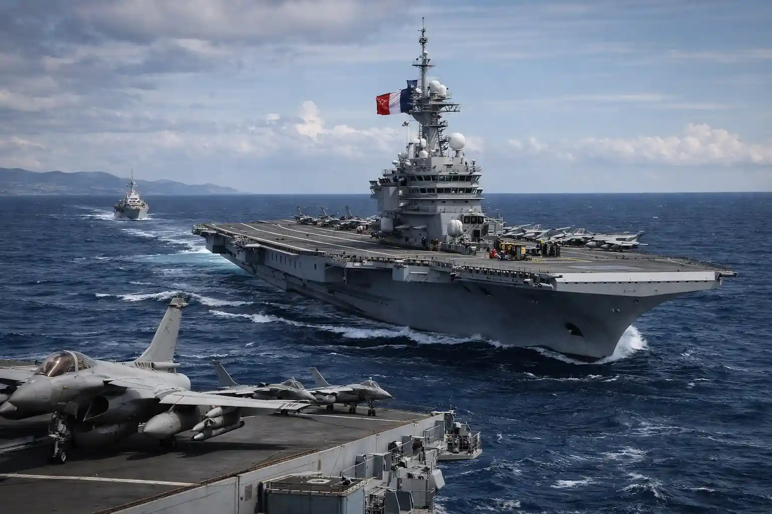 French aircraft carrier Charles de Gaulle operating near Cyprus to strengthen European defense autonomy in the Eastern Mediterranean.