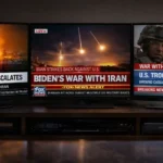 Television screens displaying different US news channels providing US media coverage Iran war with contrasting headlines.