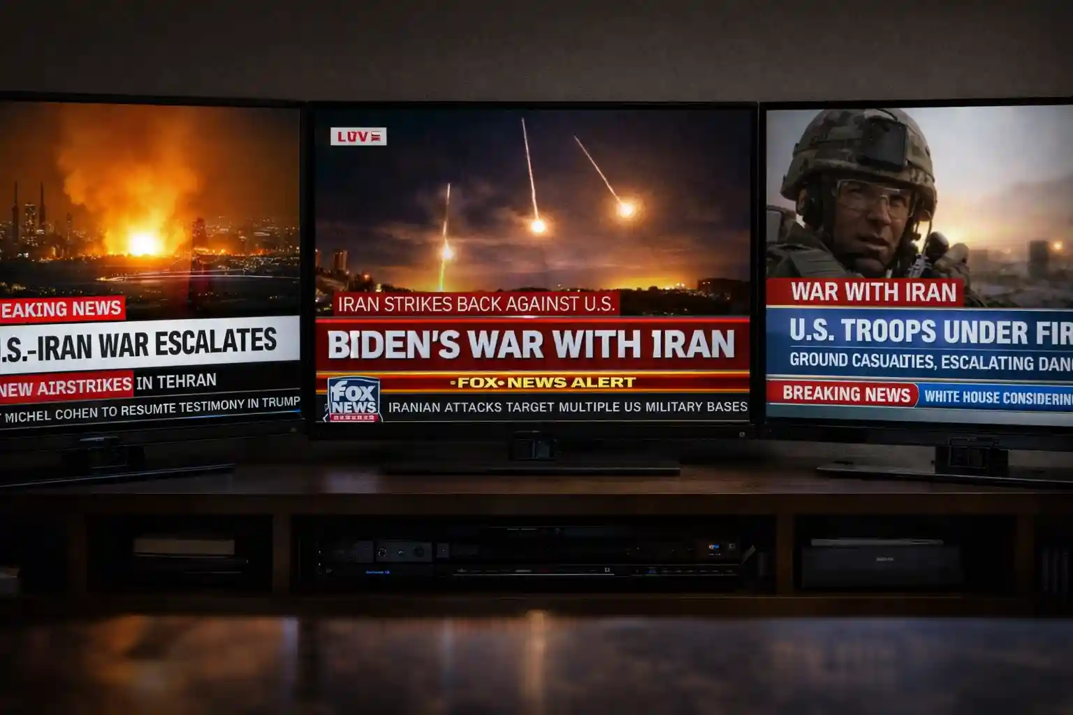 Television screens displaying different US news channels providing US media coverage Iran war with contrasting headlines.