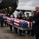 The dignified transfer of the first US war casualties Iran conflict victims at Dover Air Force Base with President Donald Trump.