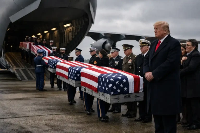 The dignified transfer of the first US war casualties Iran conflict victims at Dover Air Force Base with President Donald Trump.