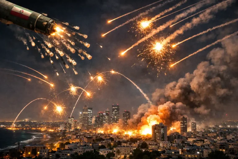 Visual representation of the Iran missile attack on Israel featuring IRGC cluster munitions and air defense interceptions over Tel Aviv.