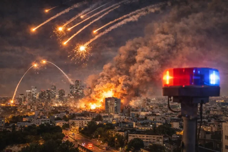 Iranian missile strikes over central Israel as air raid sirens sound during escalating Iran retaliatory attacks Israel in 2026.