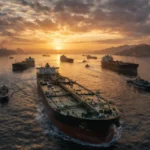 Oil tanker ships navigating near the Strait of Hormuz during the 2026 Iran energy retaliation crisis.