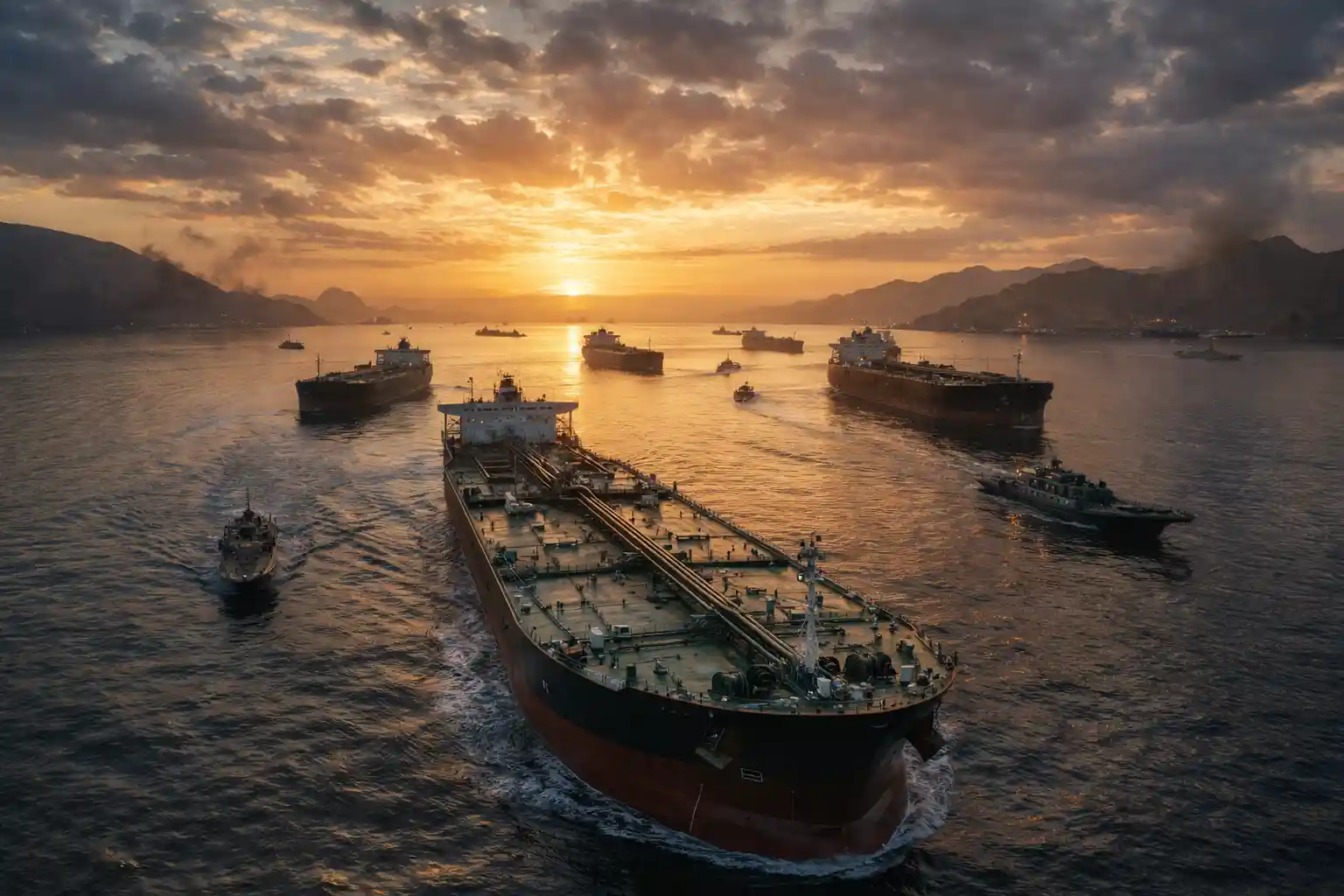 Oil tanker ships navigating near the Strait of Hormuz during the 2026 Iran energy retaliation crisis.