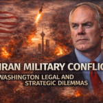 Digital illustration of the US Iran military conflict featuring national flags, a missile launch, and a cityscape in turmoil.