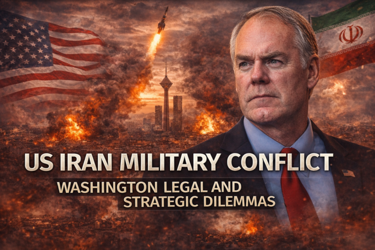 Digital illustration of the US Iran military conflict featuring national flags, a missile launch, and a cityscape in turmoil.