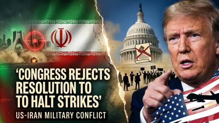 Digital illustration of the US-Iran military conflict featuring President Trump pointing forward, the U.S. Capitol with a rejected gavel icon, and the Iranian flag with a drone launch and target over a cityscape.