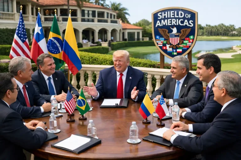 US President Donald Trump meeting Latin American leaders at his Miami golf club to discuss the Shield of the Americas alliance.